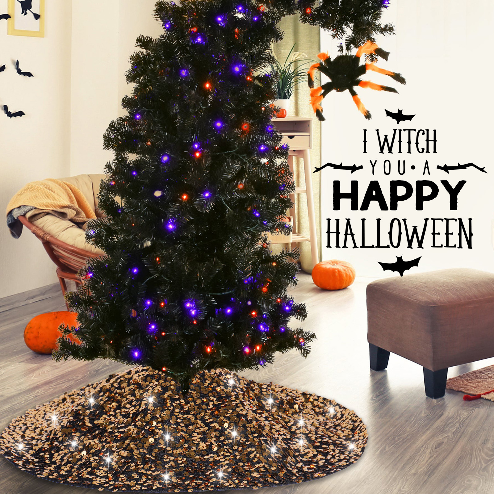 Halloween transfronterizo de alta calidad brillante falda de árbol delantal amarillo creativo atmósfera de vacaciones accesorios de árbol decoración