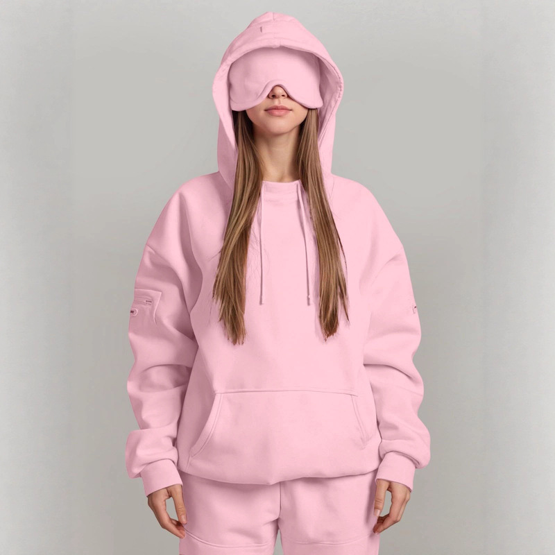 2025 European and American Autumn and Winter Popular Solid Color Hoodie with Unique Design, Built-In Eye Mask, Casual Long-Sleeve Pullover Sweatshirt