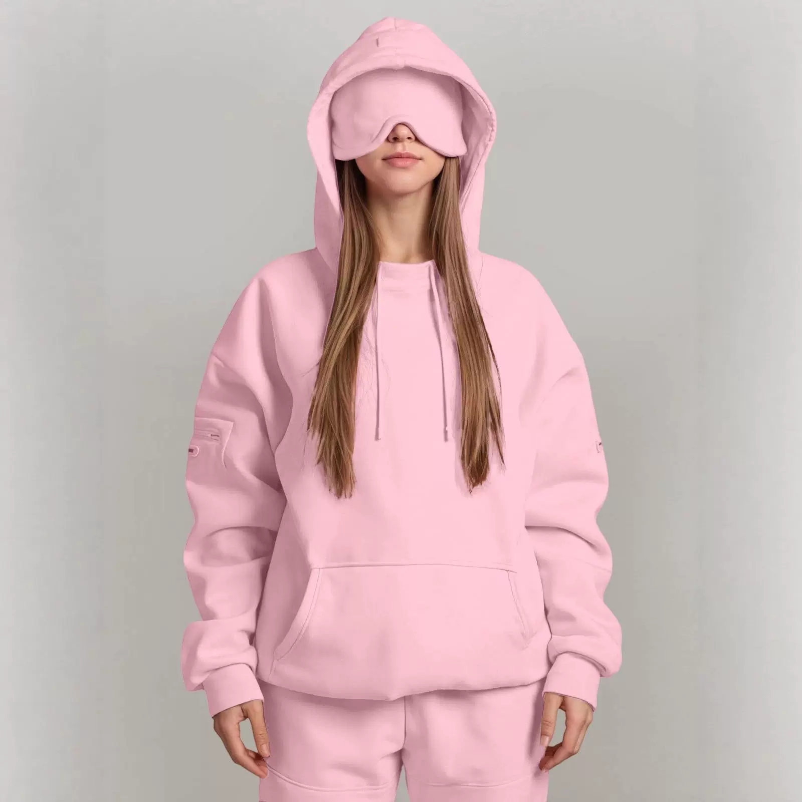 2025欧美秋冬爆款纯色连帽衫小众设计感内置眼罩休闲长袖套头卫衣