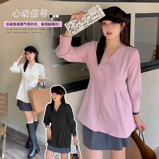 Plus Size Women's Design V Neck Pullover Shirt Women's Autum New Waist Fishtail Hem Top 341736