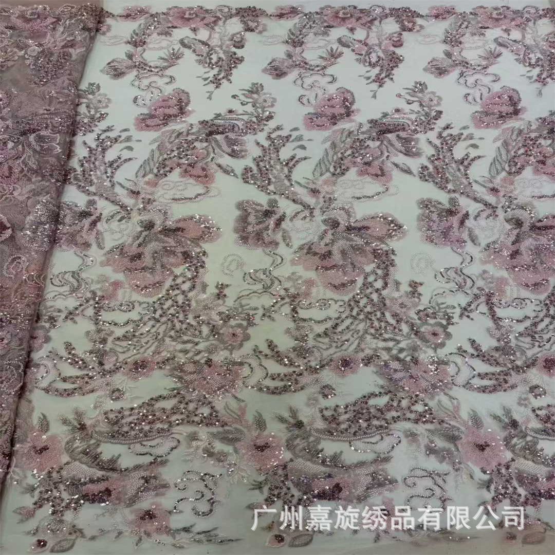 Tela de malla con encaje de cuentas francesas y bordado con tubos de cuentas superpuestos, tela de bordado para vestidos de moda europea, americana y africana.