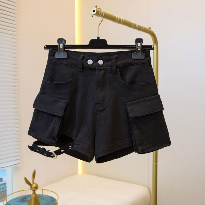 Black Strappy Outer Denim Cargo Shorts for Women 2025 High-Waisted Slimming Short Hot Pants Trendy New Style Black Strappy Outer Denim Cargo Shorts for Women 2025 High-Waisted Slimming Short Hot Pants Trendy New Style