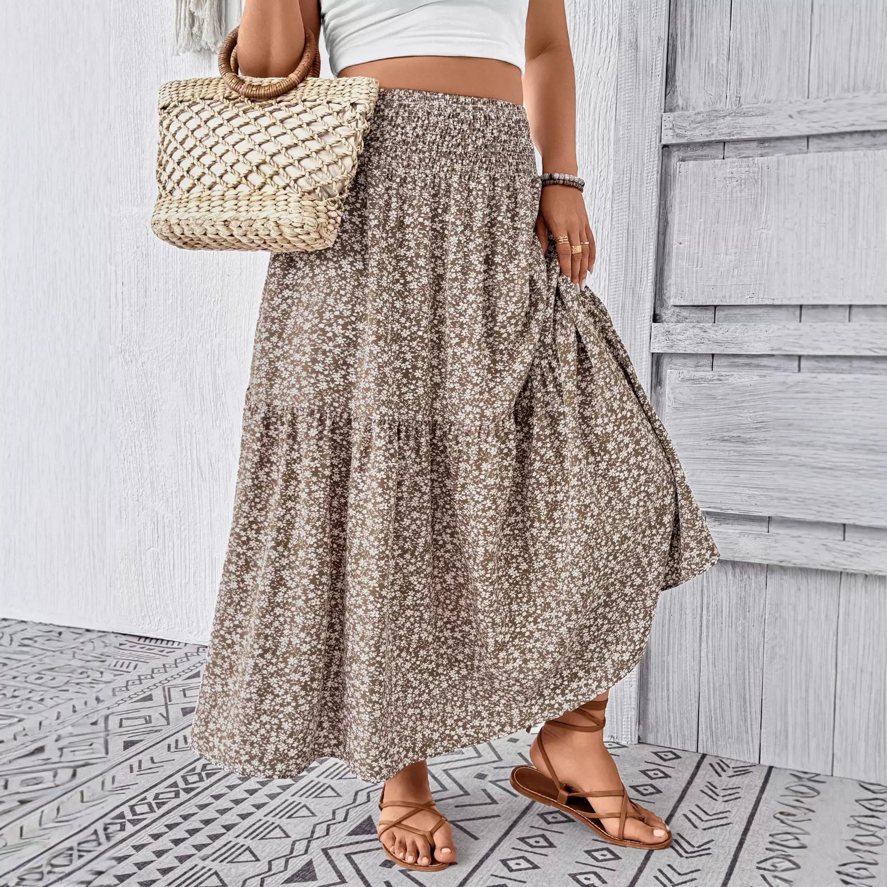 大码女装亚马逊独立站欧美跨境外贸高腰印花半身裙显瘦小碎花裙