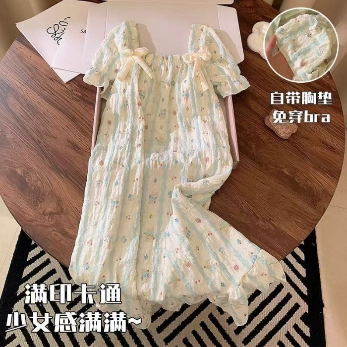 2025 verano pijama de mangas cortas mujeres cojín de pecho nubes pijama de algodón dibujos animados pequeños vestidos de chicas frescas ropa para el hogar