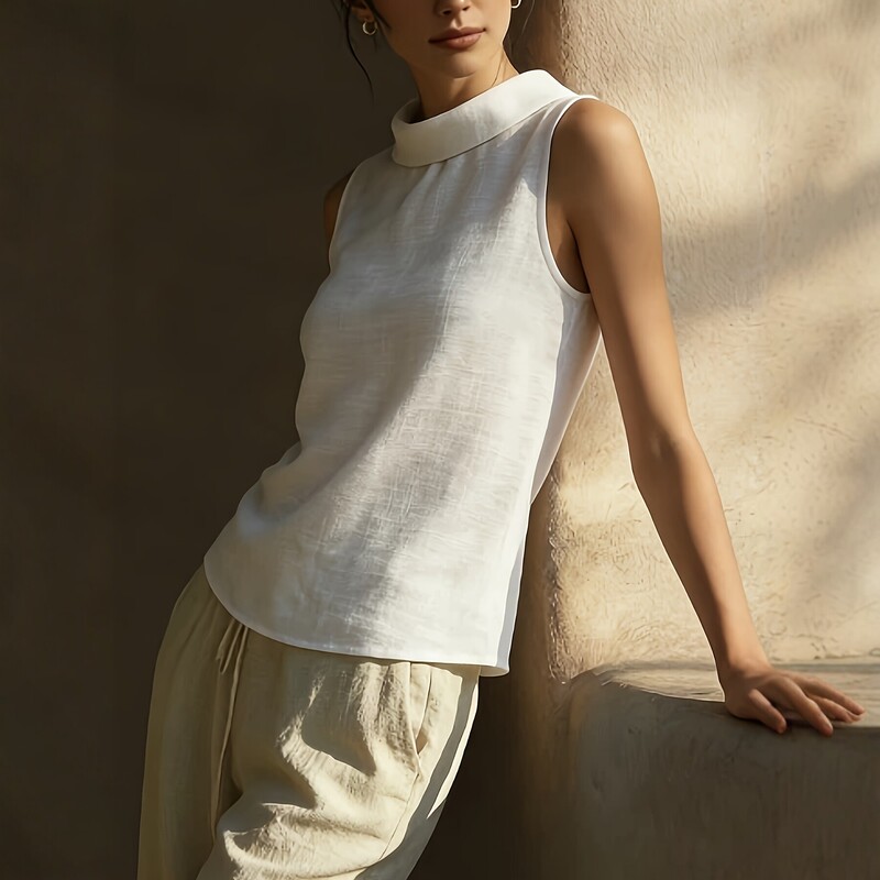 Pure Linen Sleeveless Shirt for Women, New Summer Style, Stand-Up Collar Vest Top, Loose Casual Workwear, Versatile White Shirt