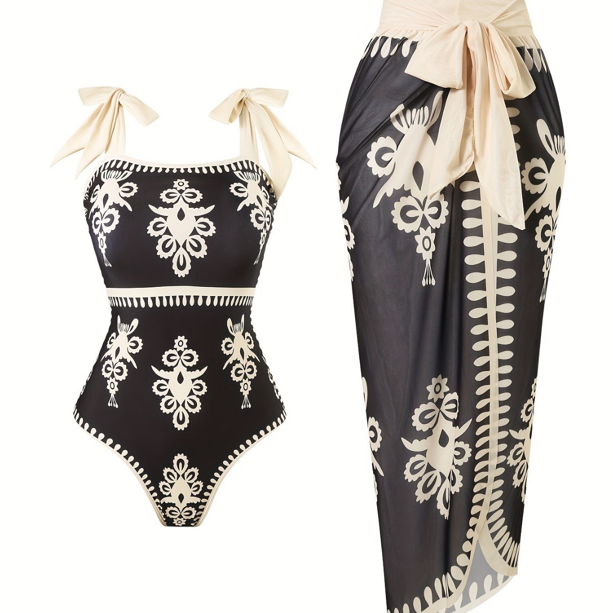 2025 European and American Cross-Border Amazon Retro Mesh Sunscreen Sleeveless Design Women's One-Piece Beach Skirt Swimsuit