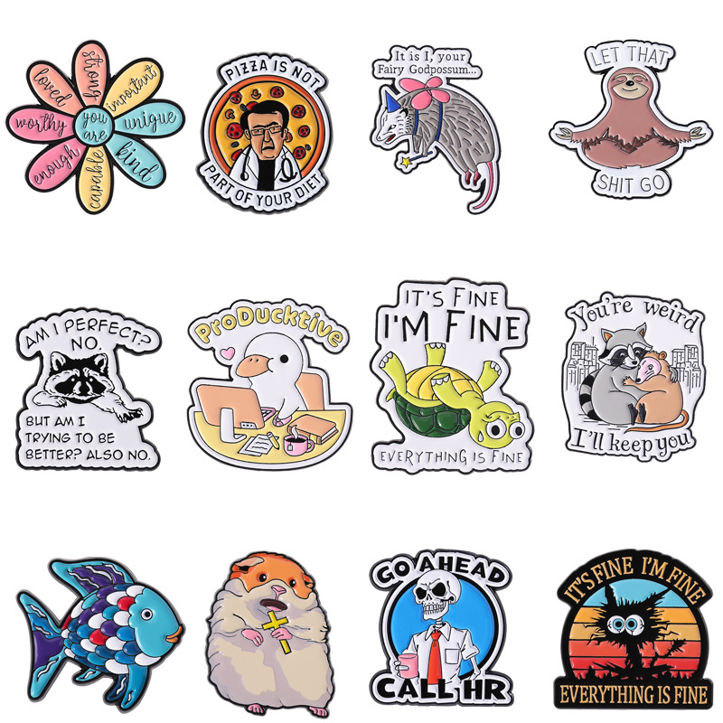 Cartoon Quotes Brooches, Animal Turtle Raccoon Quirky Design Badges, Backpack Accessories, Cross-Border Exclusive Supply, Support Dropshipping