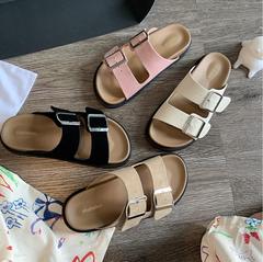 Grape Mother's Style Summer New Flat Sandal with One Strap Square Buckle Thick Sole Beach Birkenstock Women's Ins Sandals