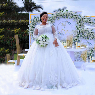 Amazon Long-Sleeved Wedding Dress Bride 2025 New White Lace Large Size Floor-Length Wedding Dress Factory Direct Supply Summer Style