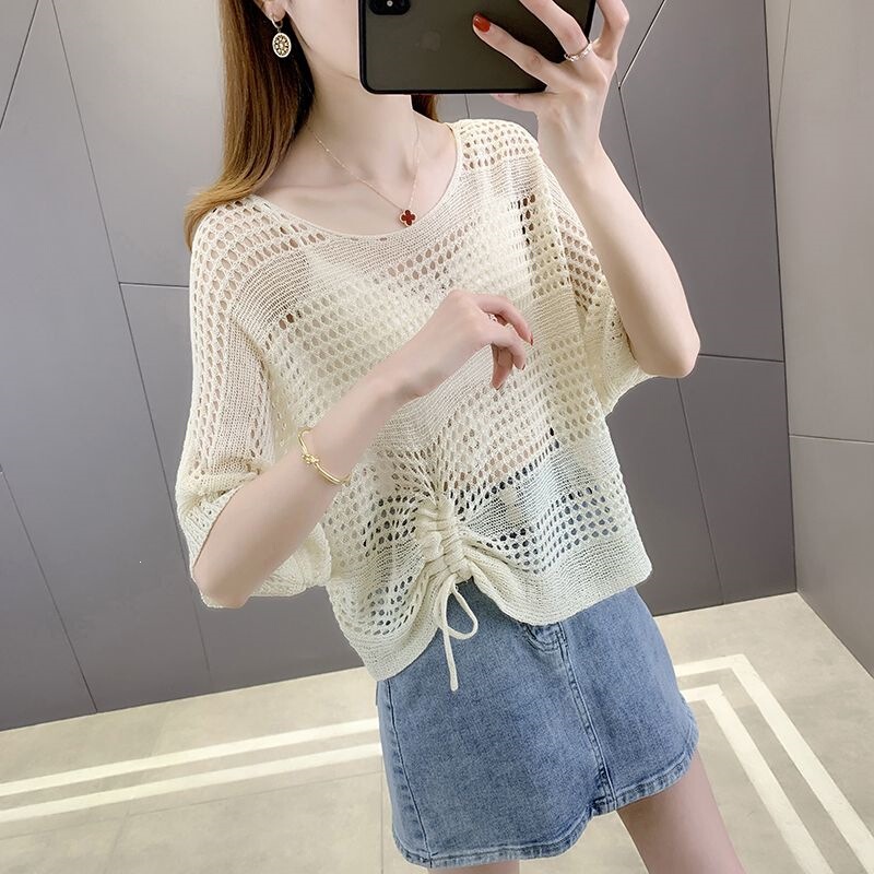 Short Sleeve Hollow-Out Ice Silk Top with Drawstring, Suitable for Pairing with a Slip Dress or Blouse, Thin Summer Air-Conditioning Shirt for Women Short Sleeve Hollow-Out Ice Silk Top with Drawstring, Suitable for Pairing with a Slip Dress or Blouse, Thin Summer Air-Conditioning Shirt for Women