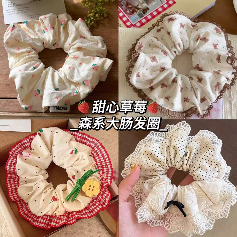 甘くてかわいいイチゴ大腸ヘアバンド女性のための夏のハイエンドフォレストスタイルヘアロープ高弾性ヘアヘッドバンドヘアアクセサリー|undefined