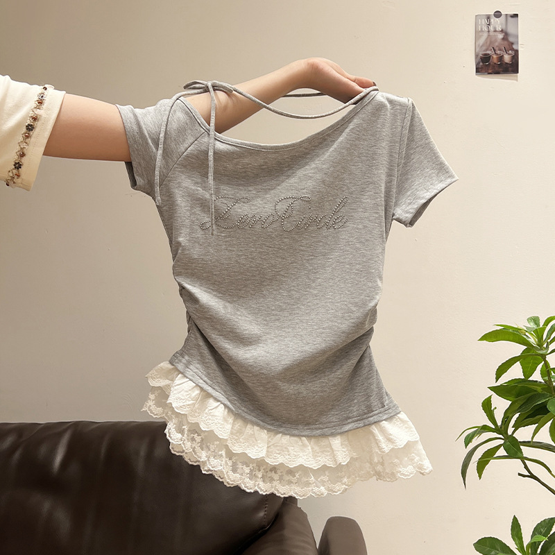 Mr [40 Count Rayon] Korean Summer Slant Collar Off-Shoulder Lace Hem Short-Sleeved T-Shirt Women's Slim Top