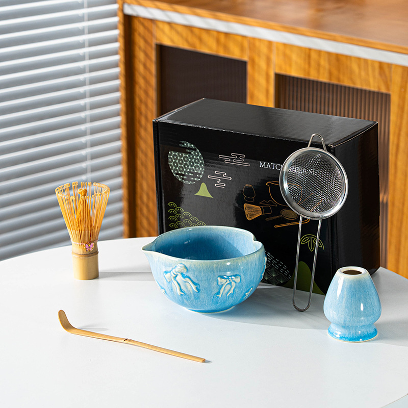 跨境专供新款抹茶碗带嘴陶瓷日式抹茶套装彩盒7件套爱心百本立|undefined