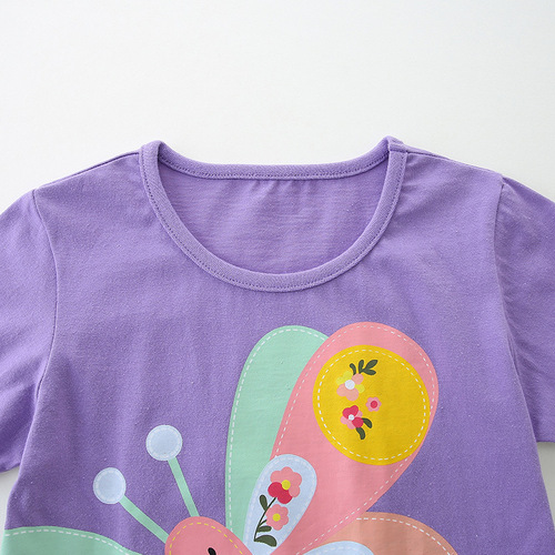 24 Summer Girls' T-shirt, European and American Style, Children's Butterfly-Print Sweatshirt, Knitted Cotton Crew Neck Pullover Top for Kids