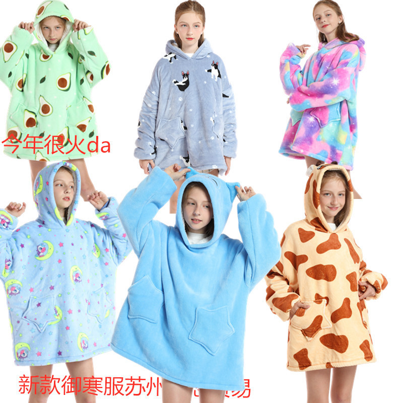 Cross-Border Printed Lazy Clothes Pullover Fleece Hooded Robe Tv Blanket Outdoor Cotton Clothing Cold-Proof Clothing Cartoon Warm Clothing