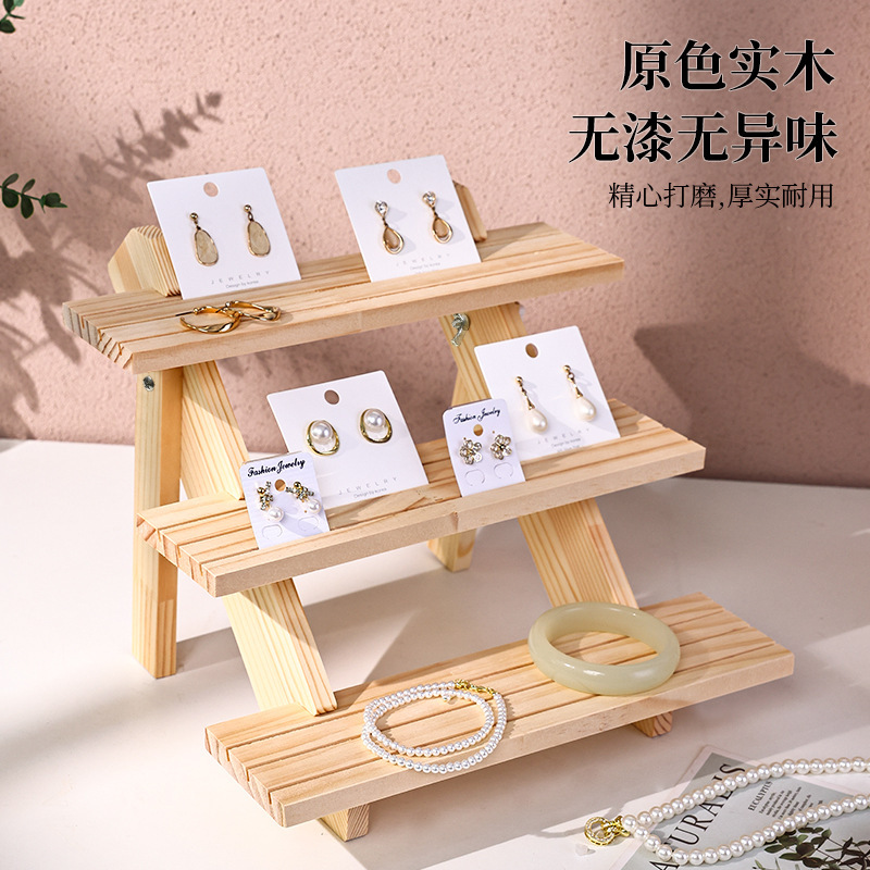 Jewelry Display Rack Solid Wood Desktop Earrings Jewelry Storage Rack Jewelry Bracelet Earrings Stall with Stepped Display