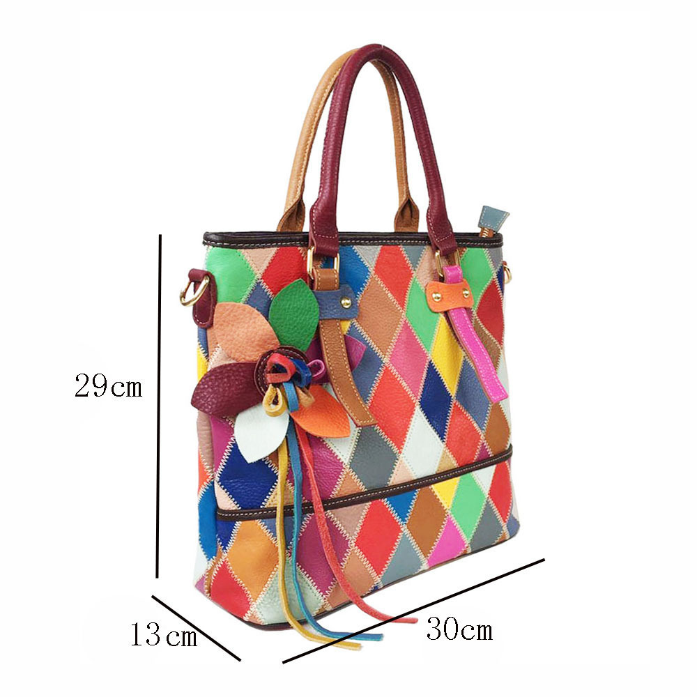 Damen Handtasche Aus Echtleder, Bunte Beuteltasche Mit Muster_voghion.com