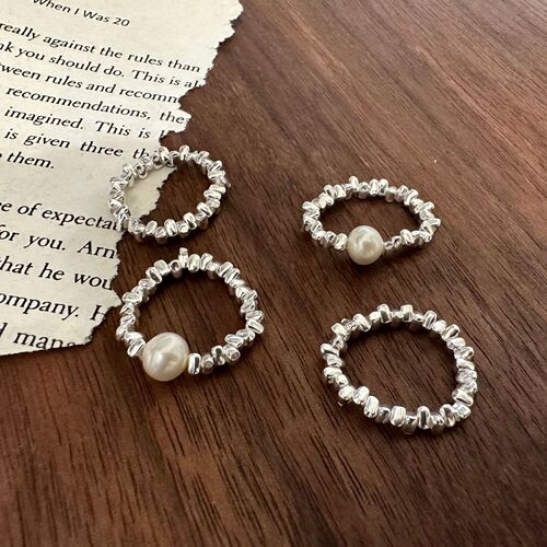 Blogger's Choice 925 Sterling Silver Minimalist Uncommon Shattered Silver Pearl Ring for Women, Korean Instagram Style, Finger Ring with Elastic Cord