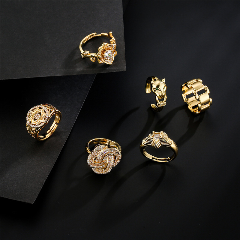 Aogu Cross-Border Supply Copper Plating 18K Gold Open Leopard Shape Ring Female Micro Inlaid Zircon 