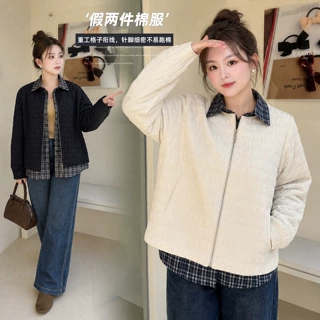 伊诺大码拼接格子布假两件棉服2026冬新款格子保暖上衣外套415643