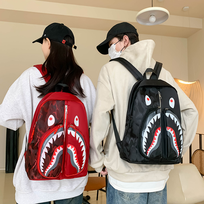New High School Student Schoolbag Bape Versatile Graffiti Student Backpack Men's and Women's Trendyy Shark Casual Backpack
