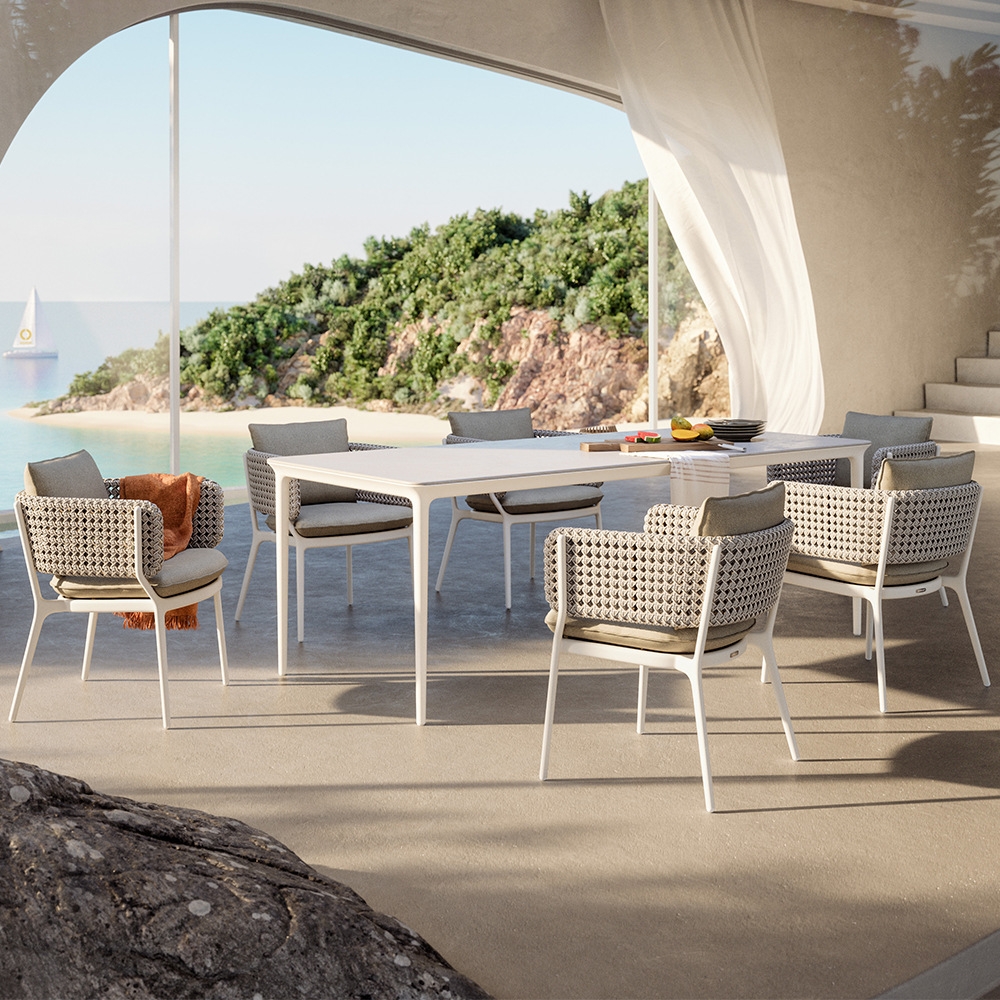 Mesa y silla de ocio al aire libre a prueba de agua y protección solar sala de sol muebles de aleación de aluminio patio jardín combinación de silla de comedor de caña image 12