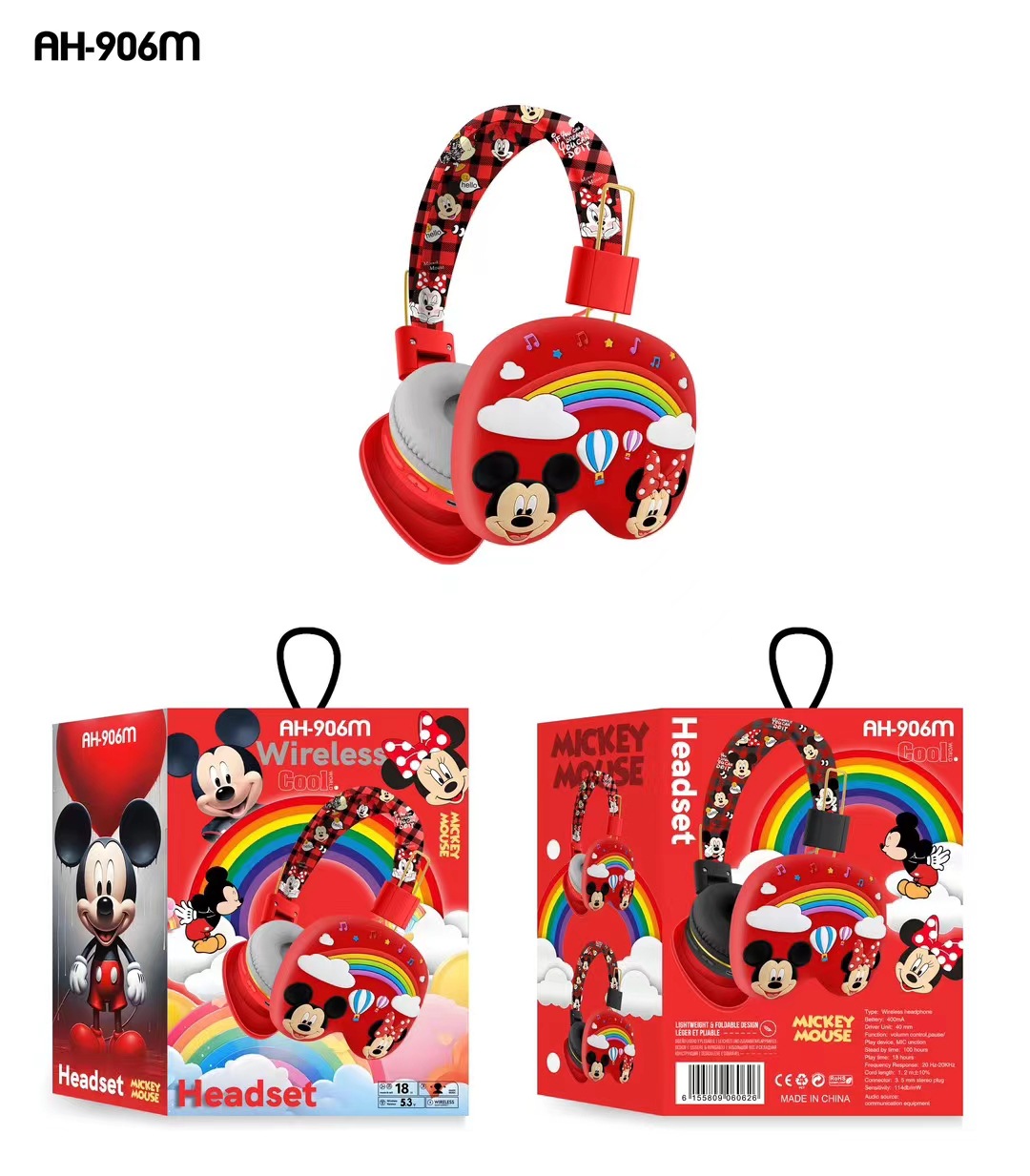 Micky Minnie auriculares para niños AH - 906M lindos auriculares de dibujos animados auriculares inalámbricos de música Bluetooth plegables