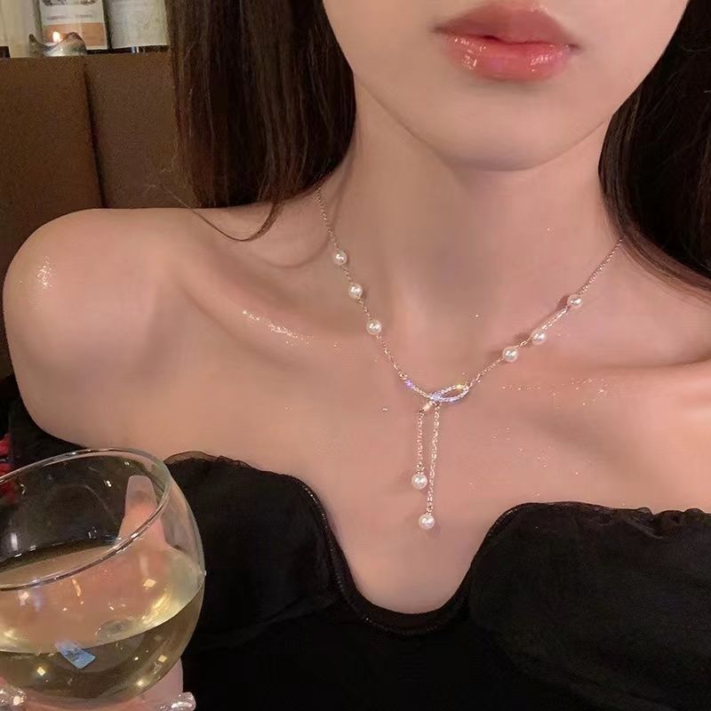 여성용 보우 진주 태슬 목걸이, 가벼운 럭셔리 틈새 시장, 고급 쇄골 체인, 패셔너블한 기질 목걸이, 여름 목걸이