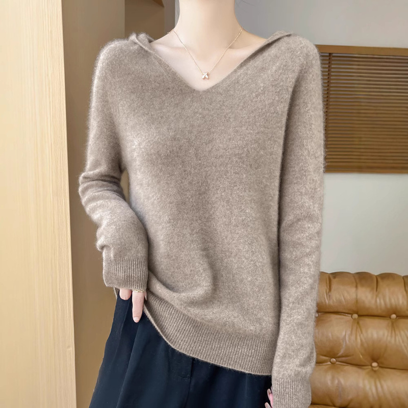 First-Line Ready-To-Wear 100 Pure Wool Sweater 25 Autum New Women's V Neck Hooded Sweatshirt Pullover Short Knitted Sweater