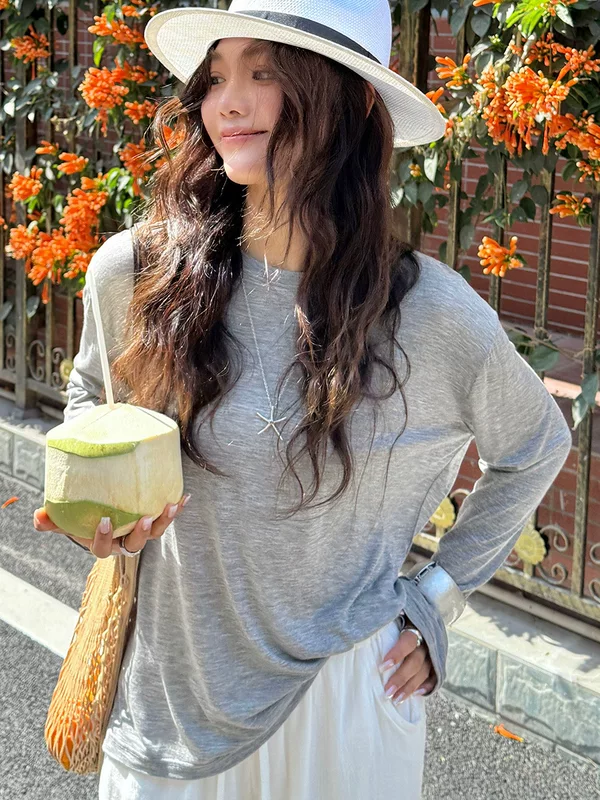 Long-Sleeve Round-Neck Top, lightweight wool blend, summer solid, one size (2–10 colors)