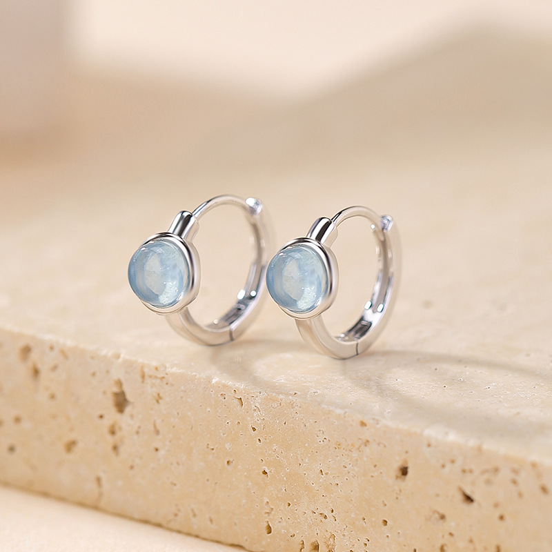 Bông tai bạc S925 hình tròn đính đá sapphire biển phong cách hình học — Một cặp
