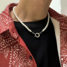 欧美跨境男士饰品 简约设计珍珠项链金属几何挂坠ins风街头潮款