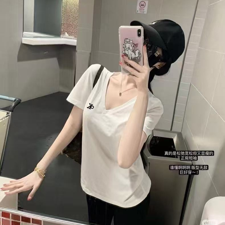 Cross-Border Ck Summer New Classic Letter Embroidery Small Logo V-Neck Exposed Collarbone Slim Fit Pure Cotton T-Shirt Short Sleeve