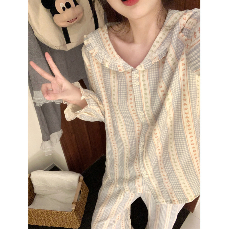 Real Shot of 2025 Simple, Gentle and Sweet Blue Plaid Floral Navy Collar Cotton Home Wear Pajamas Set Wholesale
