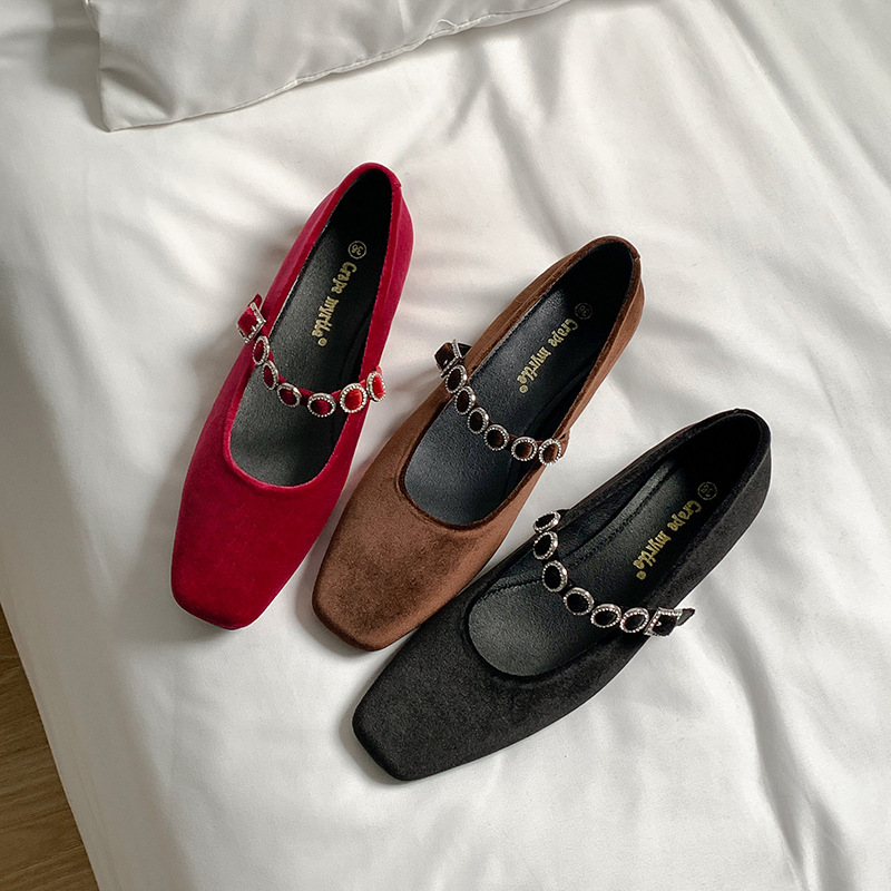 Grape Mom Autumn and Winter New French Square Toe Shallow Mouth High-heeled Shoes with Diamond Strap Low Heel Suede Mary Jane Shoes