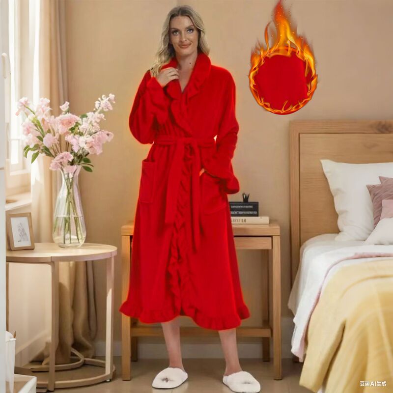 Autumn and Winter Long Bathrobe Thickeneded Warm Hooded Lace-Up Nightgown Women's Pure Color French Palace Style Coral Velvet Home Clothes