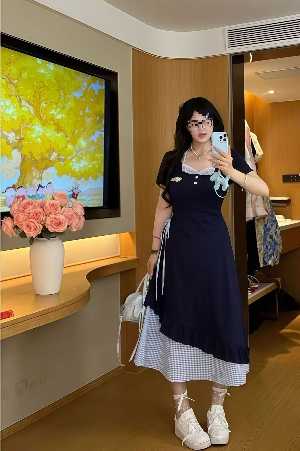Đầm suông nữ midi tay ngắn phối ren dệt kim cổ tròn, form rộng che khuyết điểm mùa hè — Áo dài màu xanh lá cây (ưu tiên vận chuyển), Áo dài màu xanh da trời (ưu tiên giao hàng), Váy ngắn màu xanh da trời (ưu tiên giao hàng), Váy ngắn màu xanh lá cây (ưu tiên giao hàng) chi tiết 4