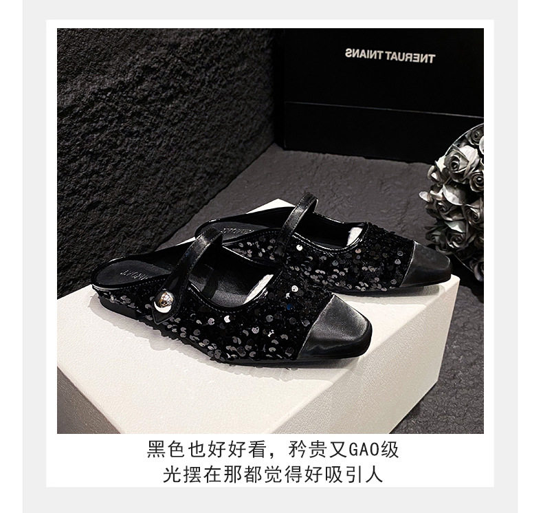 Dép mule sandal nữ bít mũi vuông quai ngang đính sequin lấp lánh, gót thấp 1–3 cm — Màu bạc, Màu đen chi tiết 9