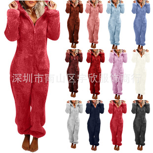 2024 explosions European and American autumn and winter cross-border foreign trade fleece-lined thickened Mao Mao jumpsuit hooded pajamas women's 22 colors