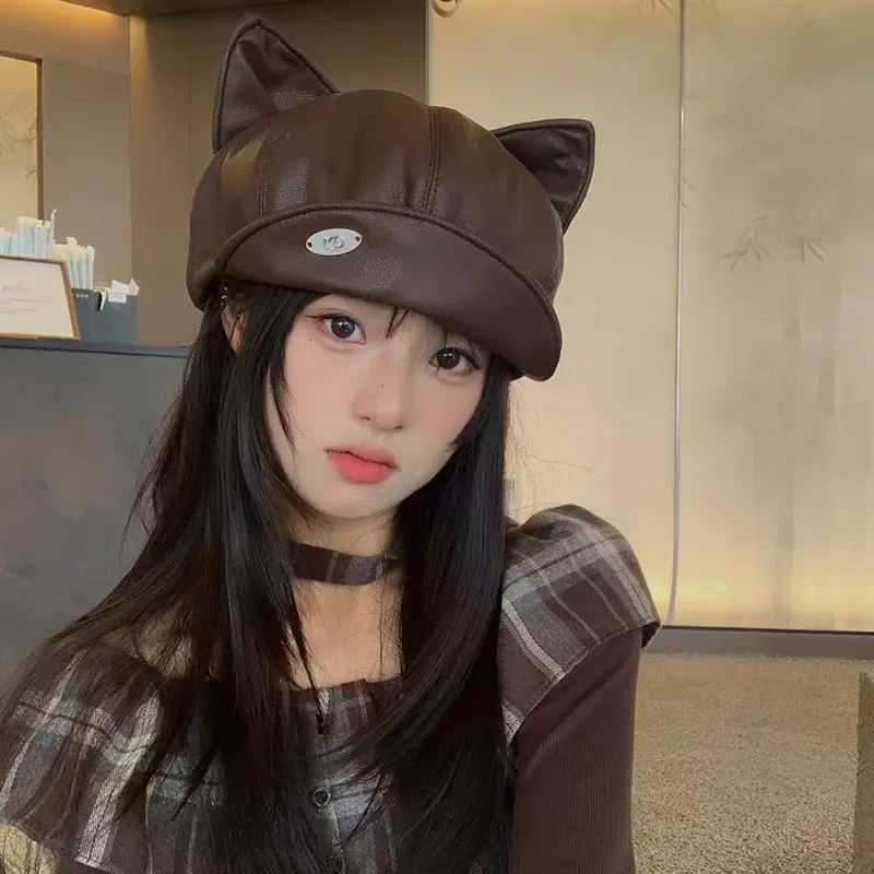 可爱猫耳朵PU皮质贝雷帽显脸小女春秋百搭显脸小帽子潮流亚文化