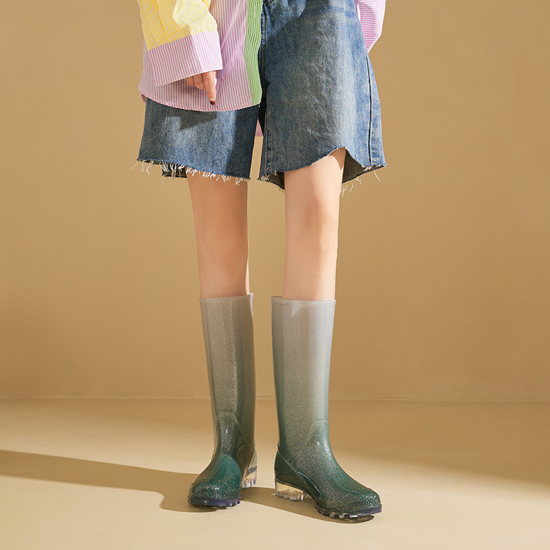 ファッションの高い筒の女性の雨靴のグラデーションの雨靴の防水の滑り止めのゴム靴の水靴の女性の成人の台所の四季は着ることができます。|undefined
