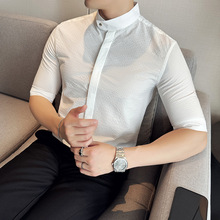 夏装网红款男士中袖衬衫新中式高级感垂感薄款泡泡纱面料半袖衬衣
