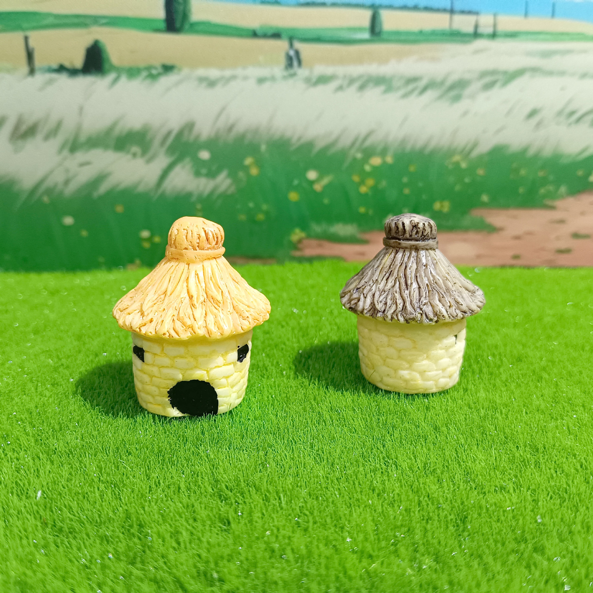 Decoración de paisajismo de pecera linda casa redonda casa con techo de paja micro paisaje ensamblaje de bricolaje granero pequeño adorno