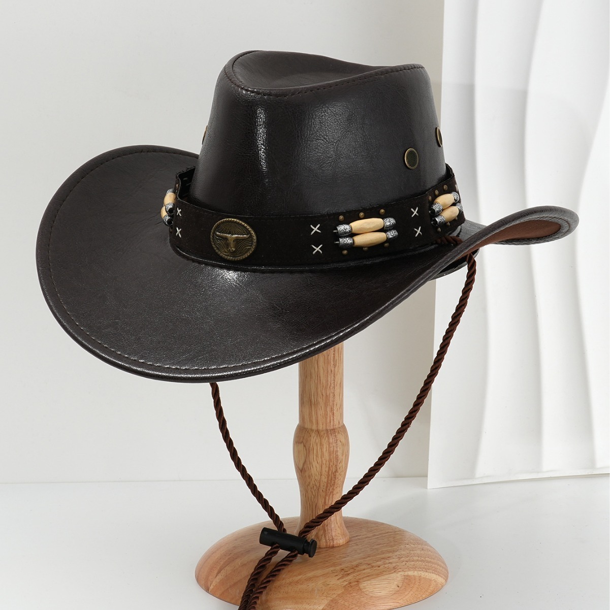 Retro Western Cowboy Hat PU Leather Metal Sun Beaded Heavy Motorcycle Stage Performance Trendy Men's Hat_voghion.com