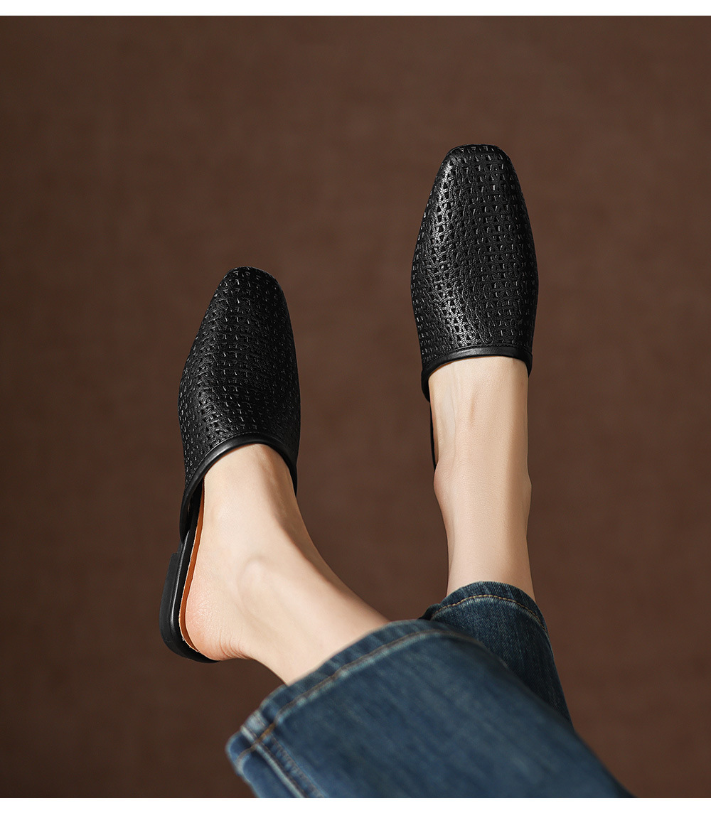 Dép sandal nữ quai chữ V đế bệt da bò mùa xuân hè — đen chi tiết 6