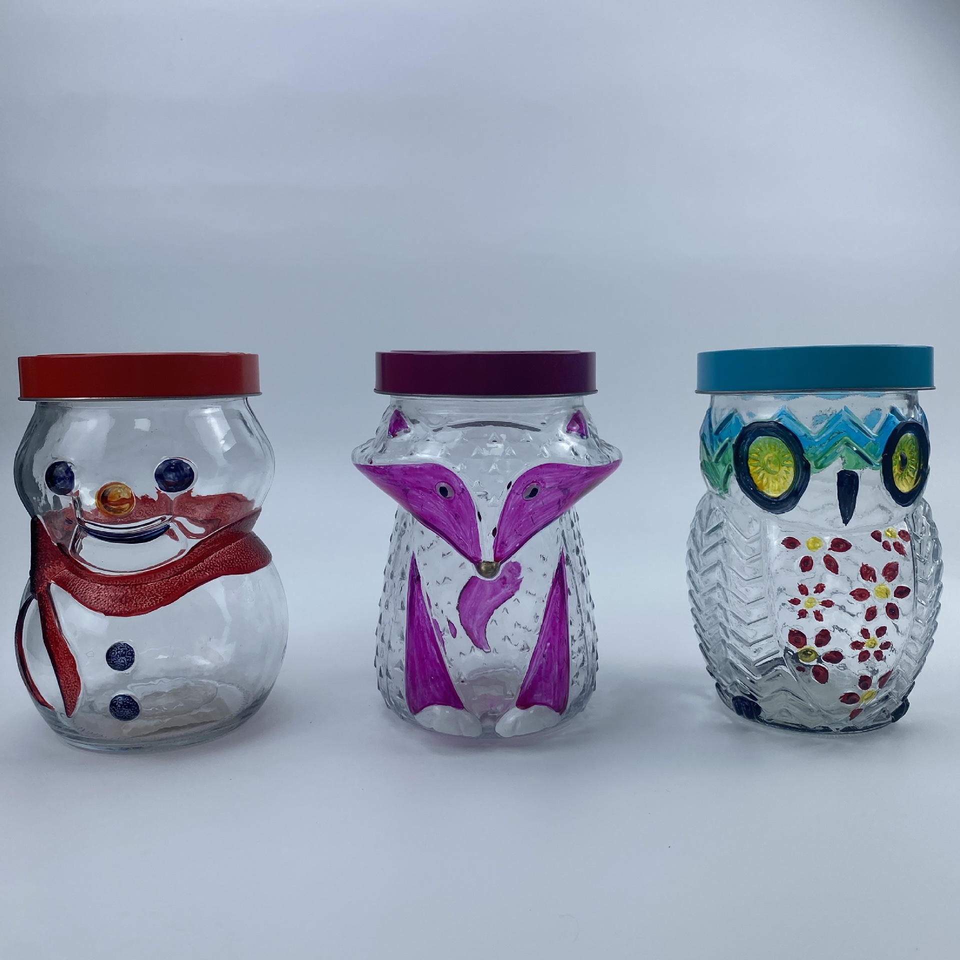 异型储物罐彩绘雪人瓶狐狸猫头鹰玻璃罐收纳罐糖果罐密封罐
