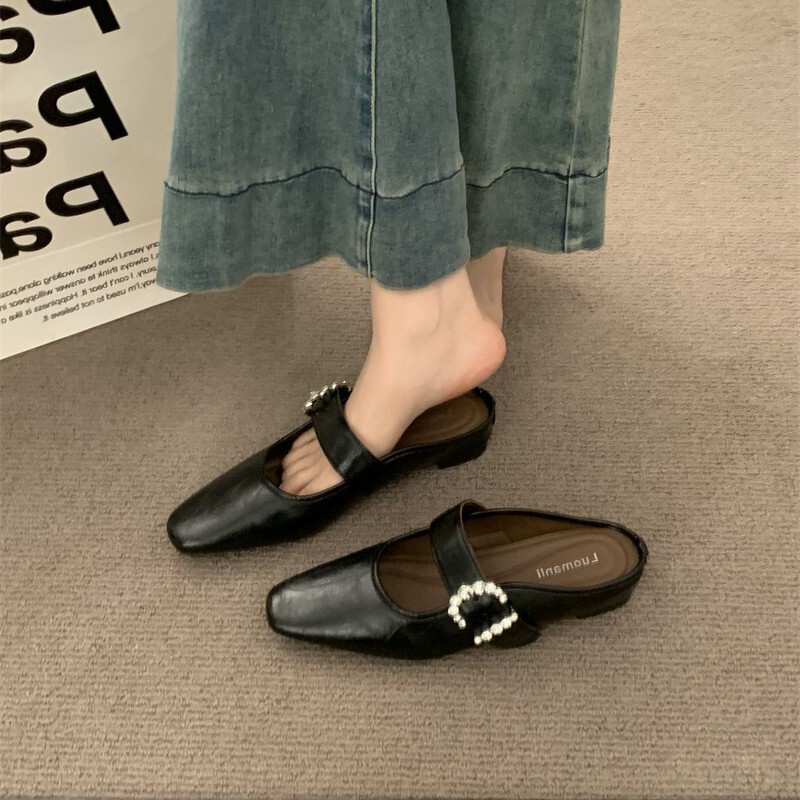 French-Style Hidden Heel Rhinestone Buckle Slip-On Mules for Women, Outdoor Wear, Lazy Slip-On Wedge Heel Mules