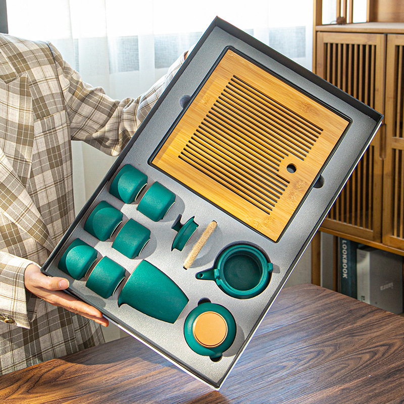 Japanese black pottery side handle teapot tea set home high-end ceramic bail teapot teacups tea tray complete gift box set