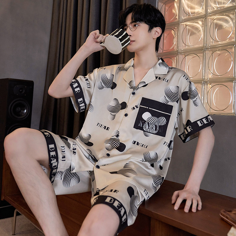 Homewear Suit Can Be Worn Outside Men's Pajamas Summer Cartoon Thin Imitation Large Size Short-Sleeved Silk Ice Silk Teenagers