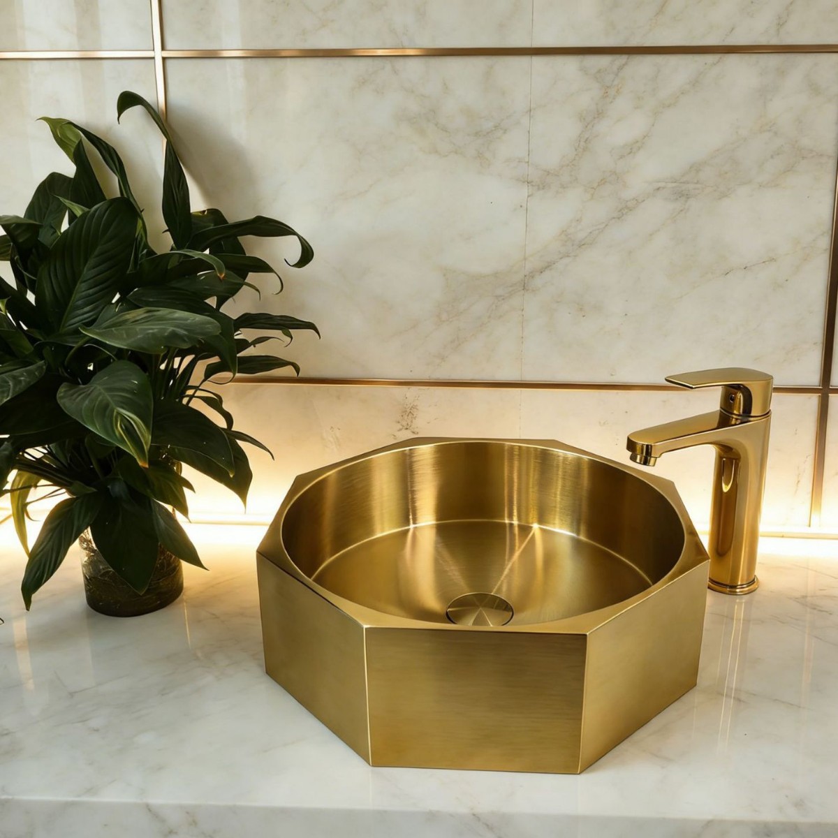 Hotel Mall Washbasin Single Basin Gold Polygonal Stainless Steel Countertop Basin Hotel Bronze Washbasin Basin Batch
